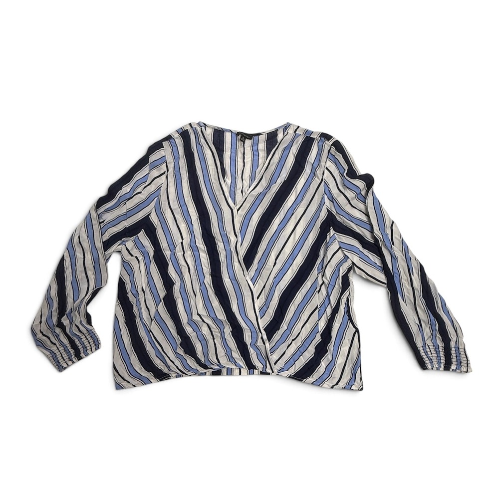 Talbots Striped Surplice Blouse Navy Blue White XL Smocked Cuff Wrap Top